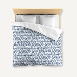 Funda nórdica de microfibra Toile de Jouy azul y blanca para cama King, Queen, Twin XL, regalo para amantes de los perros Pembroke Welsh Corgi.