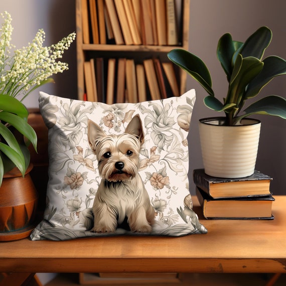 Yorkshire Terrier Floral Pillow - William Morris Inspired, Muted Neutrals Cushion INCLUDES INSERT, Yorkie Lover Gift, Floral Farmhouse Decor
