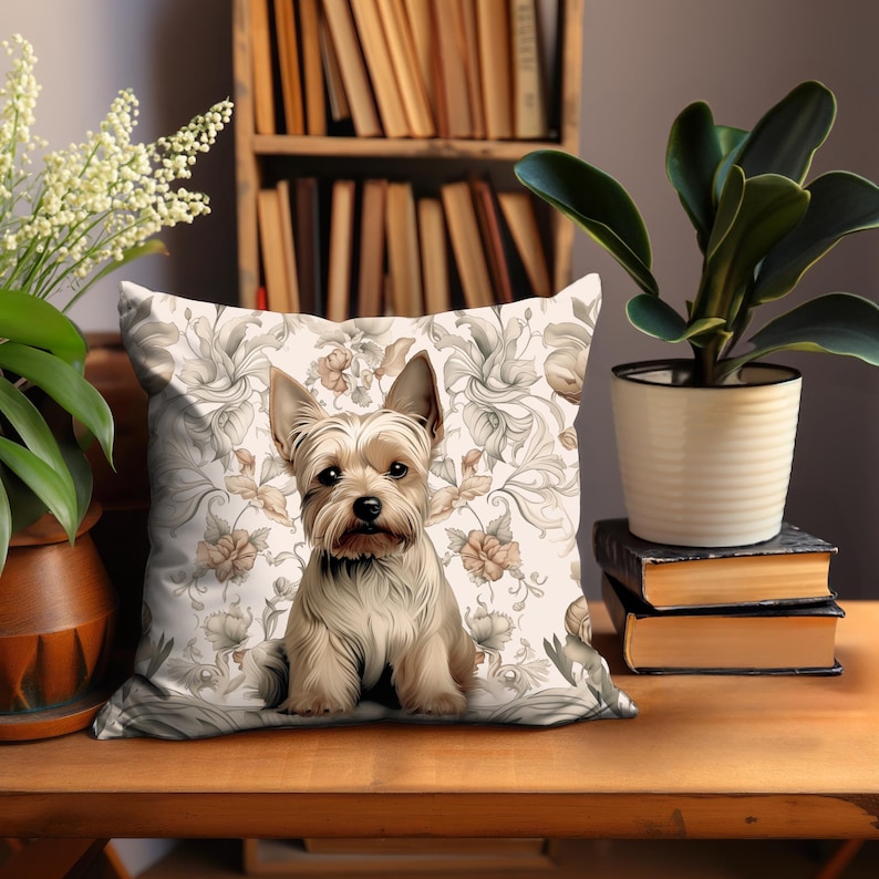 Yorkshire Terrier Floral Pillow - William Morris Inspired, Muted Neutrals Cushion Includes Insert, Yorkie Lover Gift, Floral Farmhouse Decor