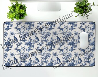 Corgi Toile Desk Mat, Corgi Blue Toile de Jouy Non-slip Desk Pad, Pembroke Welsh Corgi Gifts for Dog Lover, Office Decor Desk Protector Pad
