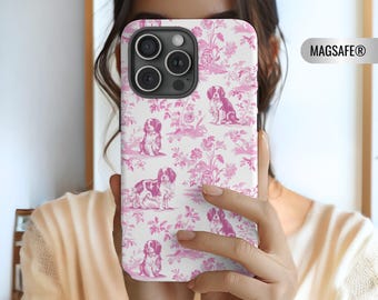 Pink Cavalier King Charles Spaniel Toile MagSafe Tough Phone Case iPhone 17, 16, 15, 14 Pro Max Case, Cavalier Dog Magnetic Tough Case Gift