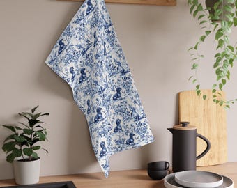 Dachshund Toile Tea Towel, Blue French Toile Kitchen Towel, Sausage Dog Lover Gift for Doxie Mom, Toile de Jouy Farmhouse Decor