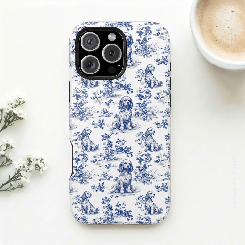 Cocker Spaniel French Toile MagSafe Tough Phone Case for iPhone 17, 16, 15, 14 Pro Max Case Protective Magnetic Tough Cases, Spaniel Lovers