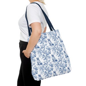 Golden Retriever Toile Tote Bag - Everyday Bag for Books & Shopping, Golden Retriever Dog Mom Gift, Elegant Blue Toile Reusable Tote Bag image 4