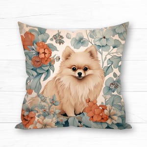 Almohada para perro Pomerania, inspirada en William Morris, incluye relleno, bonito regalo para mamá Pomerania, amante de los perros Pom, decoración floral de granja