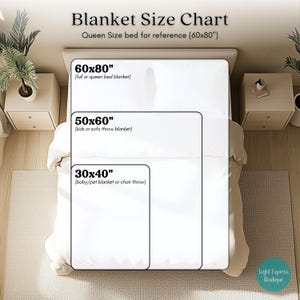 May include: A blanket size chart showing three blanket sizes: 60x80 inches (152x203 cm) for a full or queen bed, 50x60 inches (127x152 cm) for a kids or sofa throw, and 30x40 inches (76x101 cm) for a baby/pet or chair throw. The text "Blanket Size Chart" is at the top.