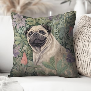 Almohada de Pug inspirada en William Morris: incluye relleno, regalo para mamá Pug, decoración de granja floral vintage, linda almohada decorativa Pug