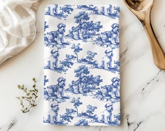 Schnauzer Toile Tea Towel, French Toile de Jouy Kitchen Towel, Schnauzer Dog Lover Gift for Dog Mom, French Country Kitchen Decor