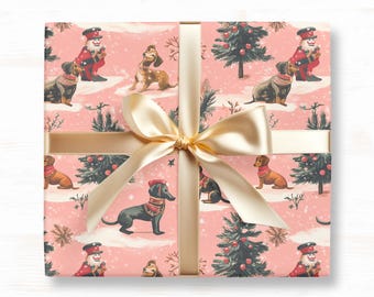Papier cadeau de Noël teckel casse-noisette - papier de Noël rose chien saucisse, papier cadeau Doxie Lovers vacances - satin ou mat et 3 tailles