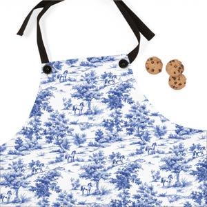 Horse Blue French Toile Apron, Blue and White Toile Pattern Apron Kitchen Cooking Gift for Horse Lovers Equestrians Chef Adjustable Apron