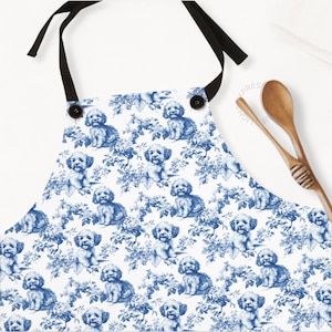Cavapoo franskt toile-förkläde, blått toile de jouy-förkläde för Cavapoo-mamma, köksgåva för hundälskare, justerbart förkläde för bagare och kock