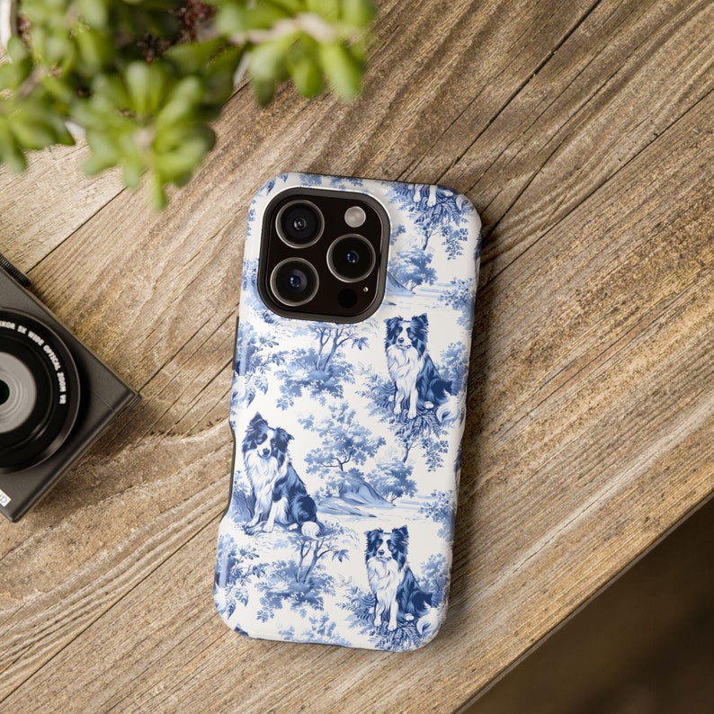 Border Collie Blue Toile MagSafe Tough Phone Case iPhone 16, 15, 14 Pro Max Plus Case, Magnetic Tough Phonecase Border Collie Dog Lover Gift