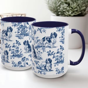 Cavalier King Charles Spaniel French Toile de Jouy Mug - Blue Toile Coffee Cup for Cavalier Mom, Cavalier Lover Gifts, Blue Trim Dog Tea Cup
