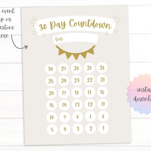 Könnte beinhalten: Ein beiger 30-Tage-Countdown-Kalender mit goldenen Akzenten. Der Text "30 Day Countdown" steht oben, mit Platz für "Follow". Der Kalender hat nummerierte Kreise von 1 bis 30. Ein rosa-blauer "Sofort-Download"-Aufkleber befindet sich rechts.