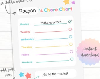 Fun Chore Chart for Kids: Weekly Responsibility Checklist (Digital Download, PDF & JPEG