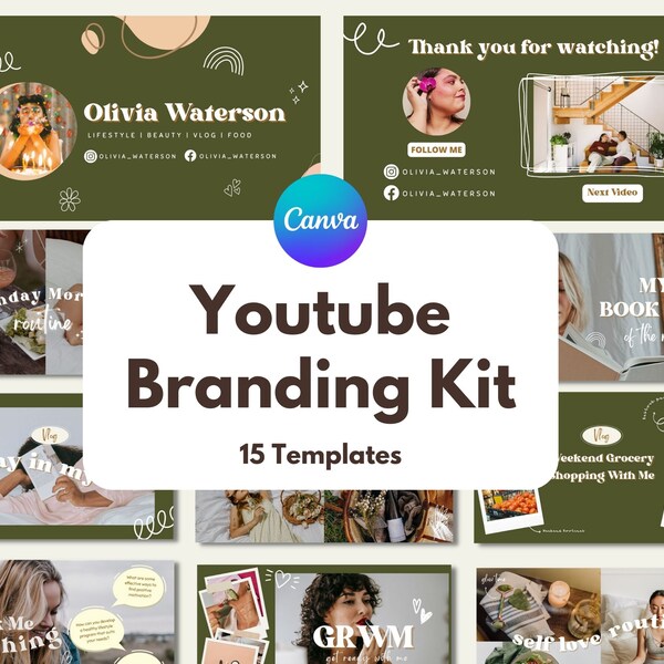 15 Youtube Thumbnails | Youtube Branding Kit | Youtube Banner, Intros&Outros | Canva Editable Template Youtube Covers for Lifestyle Blogger