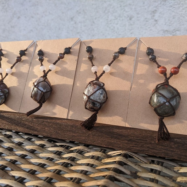Macrame Crystal Tumble Necklaces | Handmade | Beaded | Metaphysical | Botswana Agate, Ocean Jasper, Yooperlite, Bloodstone, Pink Amethyst