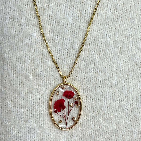 Red Pressed Flower Necklace, Elegant Necklace, Handmade Necklace