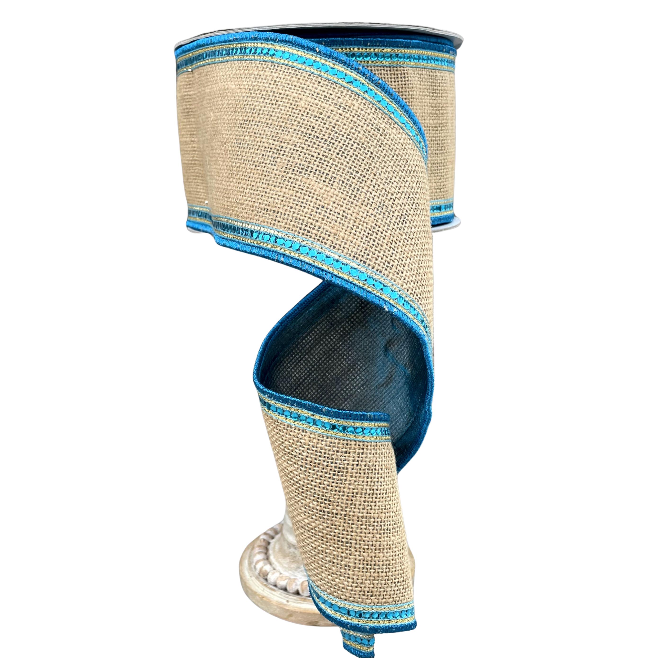 Blue Turquoise Burlap Ribbon with Sequin Trim – 4&quot; x 10 Yards – Farrisilk Wired Designer Ribbon for Easter, Spring and Everyday Wreaths