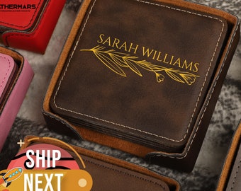 Personalized Vegan Leather Coaster Set, Engraved Office Gift