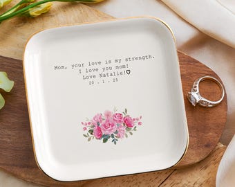 Personalized Mom Trinket Dish, Floral Art Jewelry Holder, Colorful Ceramic Dish, Cute Flower Prints, Sentimental Quote Gift, Gift for Mom