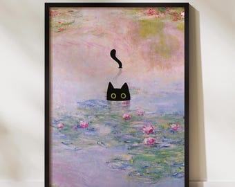 Monet Inspired Cat Art Print, Waterlily Floral Poster