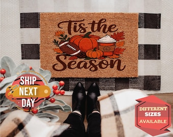 Tis The Season Coir Doormat, Football Pumpkin Decor