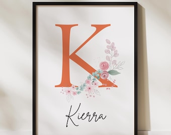 Custom Name Floral Frame, Colorful Framed Art, Flower Art Print, Initials Print, Floral Wall Art, Custom Name Gift, Birthday Gift Idea