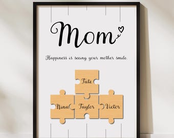 Puzzle Design Wall Art, Puzzle Pieces Art Print, Family Name Frame, Gift for Mom, Gift for Grandma, Gift from Kids, Living Room Wall Decor
