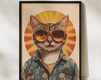 Vintage Cat Poster Frame, Retro Sunglasses Print, Cat Lover Home Decor