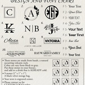 May include: A chart showing different design options for personalized stone coasters. The chart includes 11 different designs with text examples and font styles. The designs include initials, names, and family names. The chart also includes a description of the stones, which are made from basalt and are 1 inch by 1 inch.