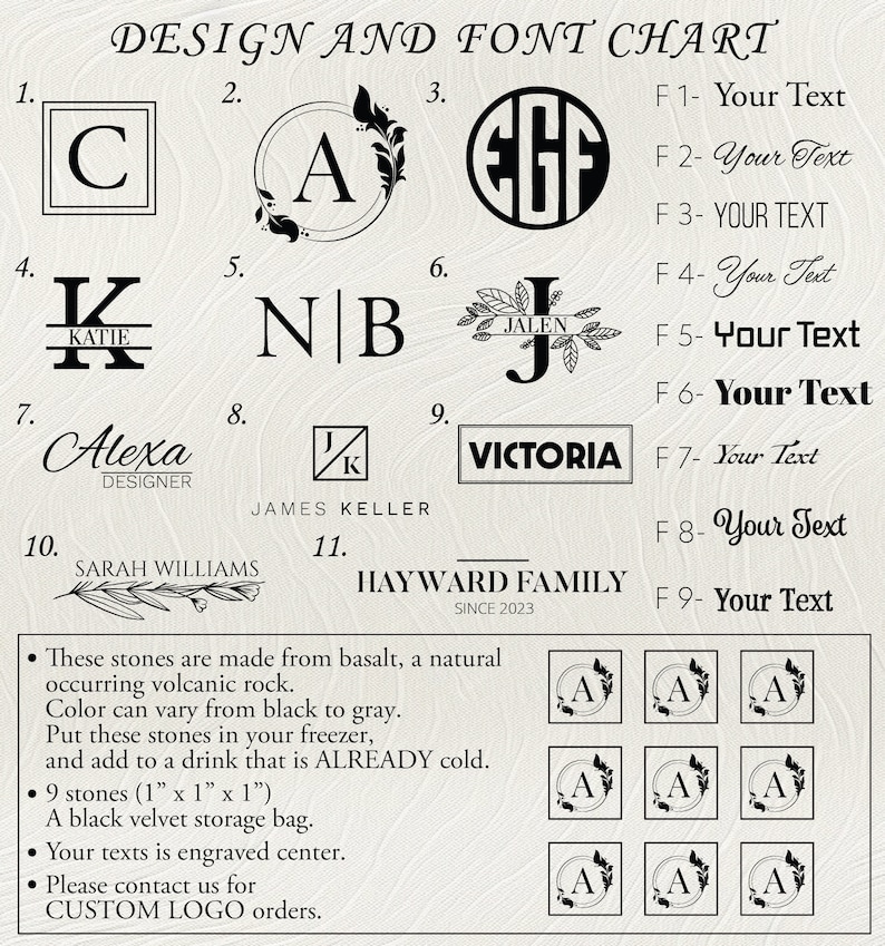 May include: A chart showing different design options for personalized stone coasters. The chart includes 11 different designs with text examples and font styles. The designs include initials, names, and family names. The chart also includes a description of the stones, which are made from basalt and are 1 inch by 1 inch.
