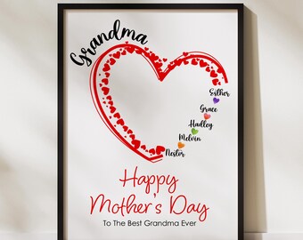 Grandma Mother's Day Heart Art, Personalized Family Names Print