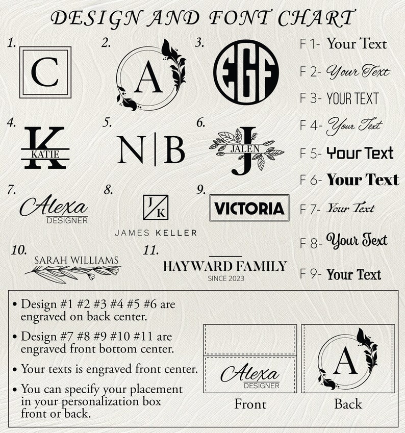 May include: A chart showing 11 different design options for personalized stamps. Each design features a different font style and layout, including initials, names, and a family name. The chart also includes instructions for placement and engraving options.