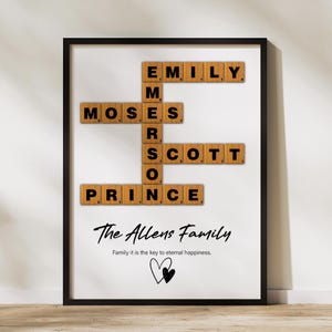 May include: Framed family name art featuring the names EMILY, MOSES, SCOTT, and PRINCE, arranged in a crossword style. The text "The Allens Family" is below the names, with the quote "Family it is the key to eternal happiness."