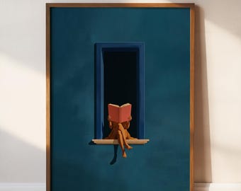 Elegant Wood Photo Frame: Woman Reading Print, Minimalist Book Lover Wall Art