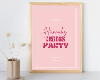 Puede incluir: Un cartel imprimible rosa con texto blanco que dice "Bienvenido a la fiesta de despedida de soltera de Hannah" en una fuente retro. La fecha "03 de noviembre de 2023" y el hashtag "#MissToMrs" también están incluidos.