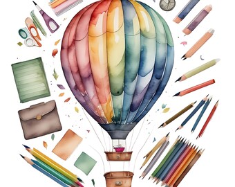 Whimsical Back to School Clipart, Magical Hot Air Balloon Journey, Colorful Educational Graphics, Hot air balloon digital download