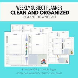 Puede incluir: Un planificador de materias semanal imprimible en PDF para estudiantes de todas las edades. El planificador incluye secciones para de lunes a viernes, una lista de tareas pendientes y eventos próximos. El planificador es limpio y organizado con un gráfico de una escuela y el texto "Printable PDF | Multiple Pages DOWNLOAD AND PRINT AS MANY AS YOU WANT!"