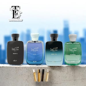 May include: Four square-shaped perfume bottles with black, blue, and green gradients, each with a different colored cap. The bottles are labeled "HAWAS For Him" with different names: KOBRA, ICE, MALIBU, and TROPICAL. Several small sample vials are in front.