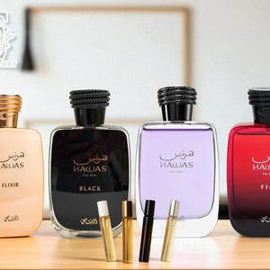 May include: Four perfume bottles with different colors and designs. The bottles are labeled "Elixir", "Black", "Fire", and "For Him". Each bottle has a unique color scheme, including gold, black, purple, and red. Small sample vials are in front.