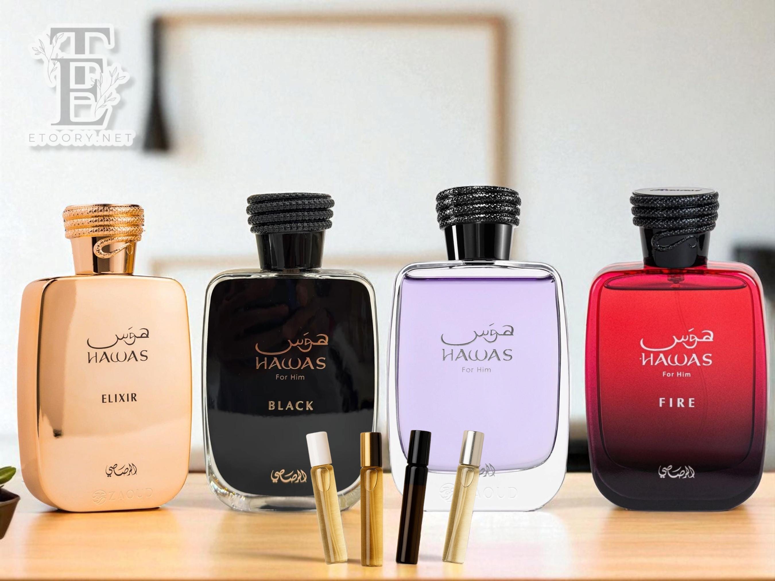 Rasasi Hawas Fragrance Sample Set: Fire, Elixir, Black (1ml-10ml