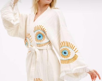 Turkish Cotton Beach Robe: Muslin Kimono with Evil Eye