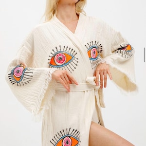 Turkish Cotton Beach Robe | Muslin Cotton Bathrobe | Natural Kimono Gown | Unisex Spa Wear | Ideal Gift for Spa Lovers | Evil Eye Detail