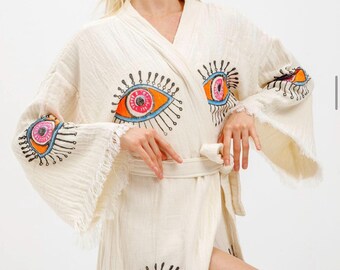 Bata de playa de algodón turco: Kimono anti-mal de ojo, ropa de spa unisex