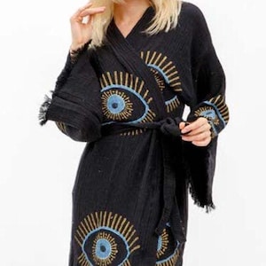 Turkish Cotton Beach Robe | Muslin Cotton Bathrobe | Natural Kimono Gown | Unisex Spa Wear | Ideal Gift for Spa Lovers | Evil Eye Detail