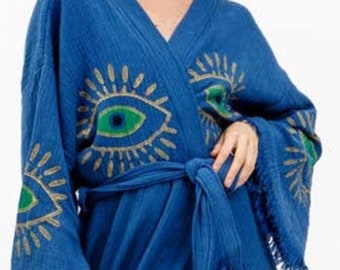 Bata turca de algodón hecha a mano: bata kimono de muselina con ojo turco.