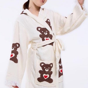 Turkish Cotton Kids Beach Robe | Muslin Cotton Bathrobe | Natural Kimono Gown | Kids Wear | Bear design