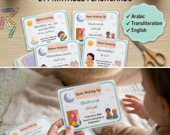 Tarjetas didácticas diarias de súplicas para niños / Árabe, transliteración, aprendizaje de inglés (imprimibles)