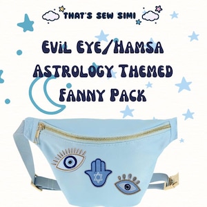 Gepersonaliseerde heuptas met dierenriem, boze oog en Hamsa-motief | Handgemaakte nylon crossbodytas met hemelse maan en sterren